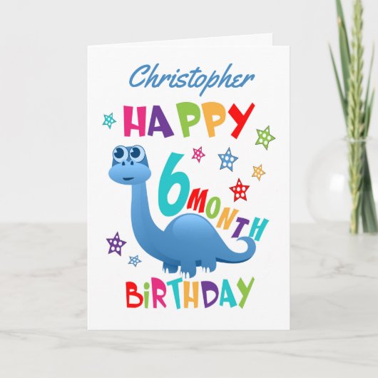 Carte Blue Dinosaur 6 mois Anniversaire (Devant)