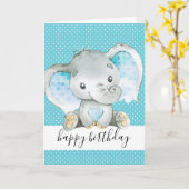 Carte Blue Elephant 1er anniversaire bébé garçon (Fleur jaune)