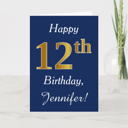Carte Blue, Faux Gold 12e anniversaire + Nom personnalis (Devant)