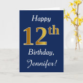 Carte Blue, Faux Gold 12e anniversaire + Nom personnalis (Fleur jaune)