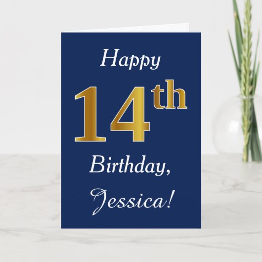 Carte Blue, Faux Gold 14e anniversaire + Nom personnalis (Devant)