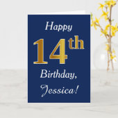 Carte Blue, Faux Gold 14e anniversaire + Nom personnalis (Fleur jaune)