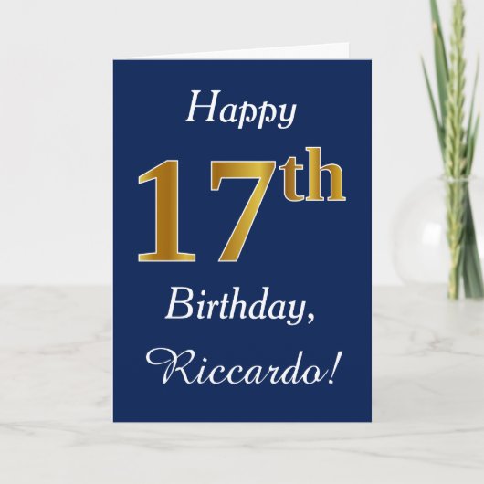 Carte Blue, Faux Gold 17e anniversaire + Nom personnalis (Devant)