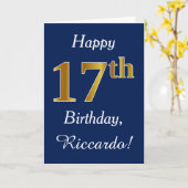 Carte Blue, Faux Gold 17e anniversaire + Nom personnalis (Fleur jaune)