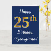 Carte Blue, Faux Gold 25e anniversaire + Nom personnalis (Fleur jaune)