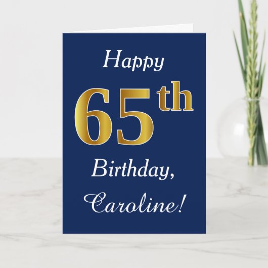 Carte Blue, Faux Gold 65e anniversaire + Nom personnalis (Devant)