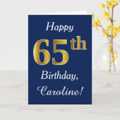 Carte Blue, Faux Gold 65e anniversaire + Nom personnalis (Fleur jaune)