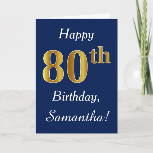 Carte Blue, Faux Gold 80e anniversaire + Nom personnalis (Devant)