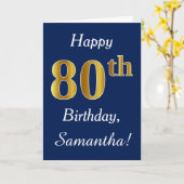 Carte Blue, Faux Gold 80e anniversaire + Nom personnalis (Fleur jaune)