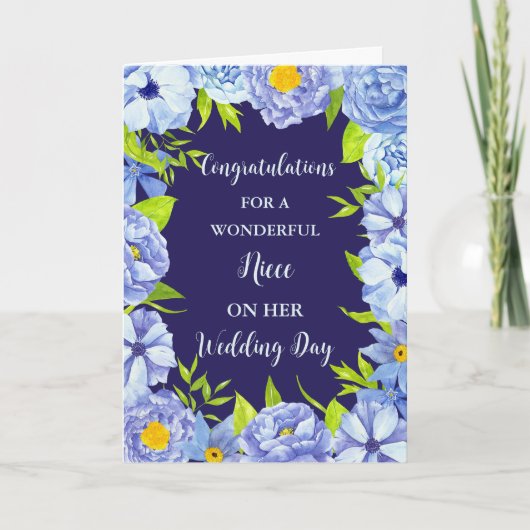 Carte Blue Floral Niece Jour de mariage Félicitations (Devant)