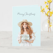 Carte Blue Gift Red Hair Woman Christmas   (Fleur jaune)