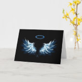 Carte Blue Glowing Angel Wings on black background (Fleur jaune)