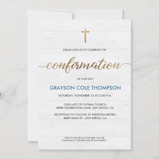 Carte Blue Gold cross Personnalisable Boy Confirmation (Devant)