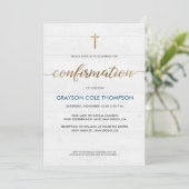 Carte Blue Gold cross Personnalisable Boy Confirmation (Debout devant)