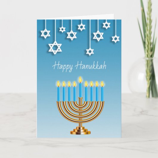 Carte Blue Gold et Menorah blanche Joyeux Hanukkah (Devant)