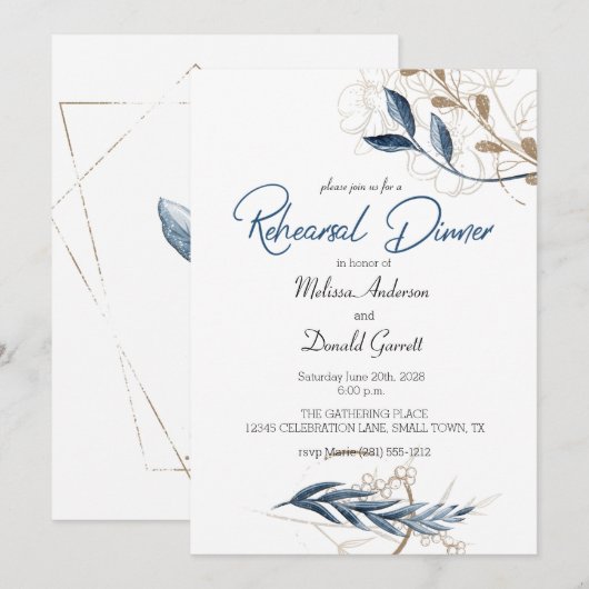Carte Blue Gold Floral Moderne Dîner de répétition éléga (Devant / Derrière)
