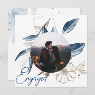 Carte Blue Gold Moderne Floral Élégant Fiançailles Parti