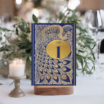 Carte Blue Gold Peacock Art Nouveau Mariage Numéro de ta<br><div class="desc">Dégustez vos invités avec cet élégant numéro de table d'accueil Art Nouveau Mariage avec un paon doré complexe sur un arrière - plan bleu profond. Le texte est en bleu pour décaler l'arrière - plan or. La couleur or n'est pas du papier peint, mais un pigment riche de couleur or...</div>