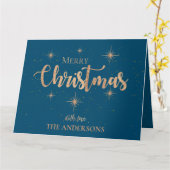 Carte Blue Gold Stars Typographie Nom Joyeux Noël (Fleur jaune)