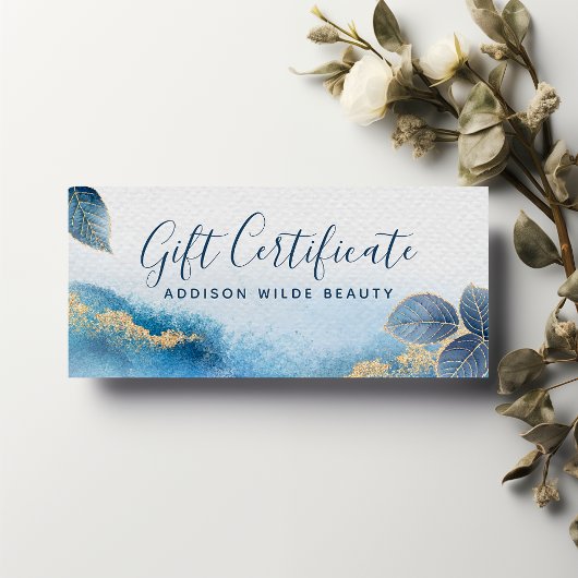 Carte Blue Gold Watercolor Certificat cadeau botanique