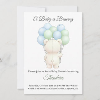 Carte Blue & Green Watercolor Teddy Bear Baby Shower 
