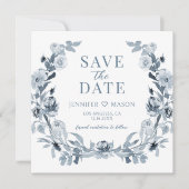 Carte Blue Grey Floral Enregistrer La Date Photo Invitat (Devant)