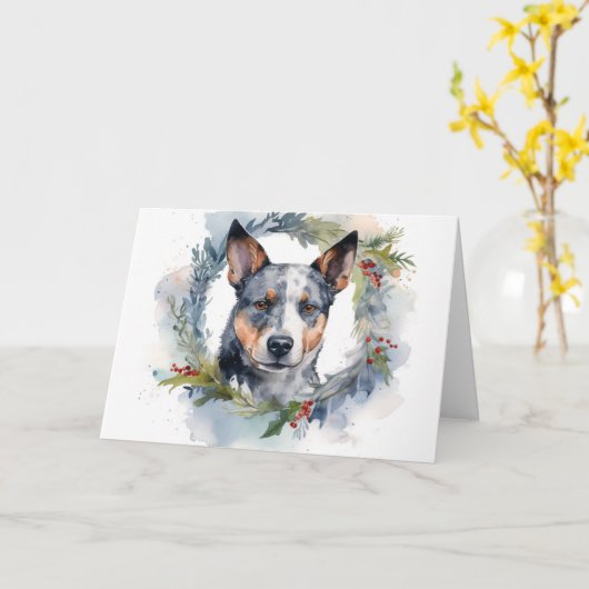 Carte Blue Heeler Christmas Wreath Festive Pup (Fleur jaune)