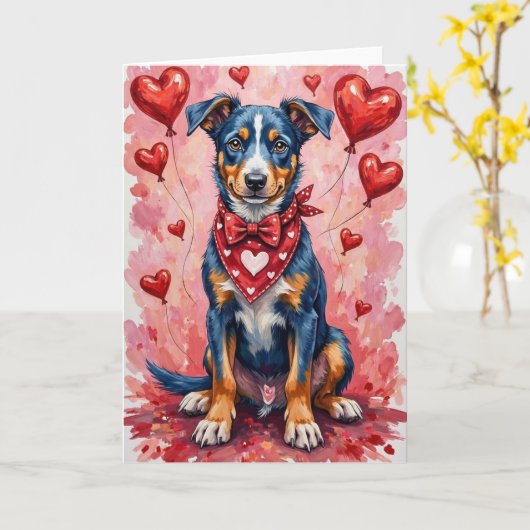Carte Blue Heeler Valentine’s Day Dog with Hearts Red (Fleur jaune)