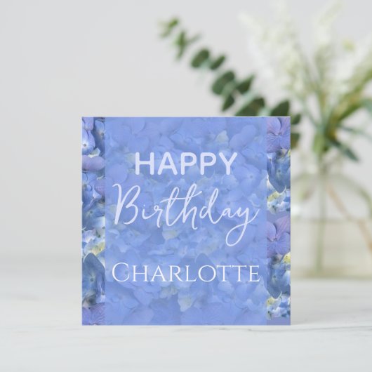 Carte Blue Hydrangeas Blooms Joyeux Anniversaire Nom per (Debout devant)