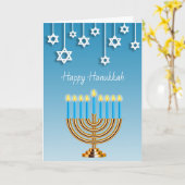 Carte Blue Or et Menorah Blanche Joyeux Hanukkah (Fleur jaune)