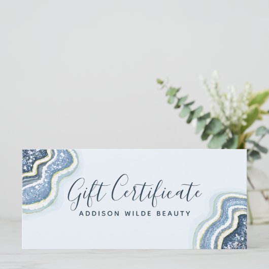 Carte Blue Parties scintillant Agate Geode Business Cade (Debout devant)