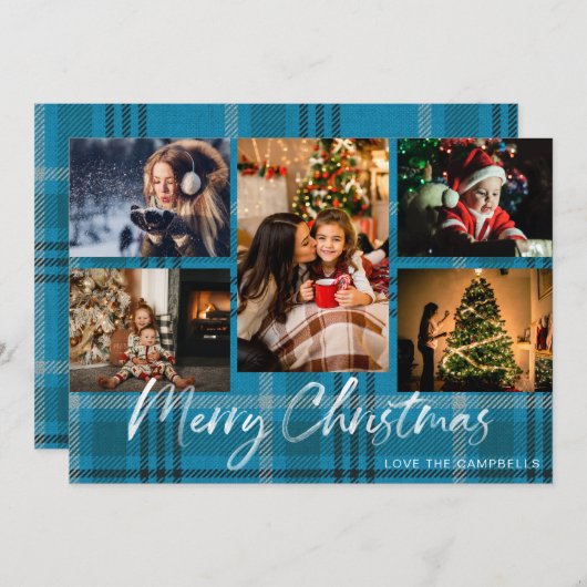 Carte Blue Plaid 5 Joyeux Noël photo (Devant / Derrière)