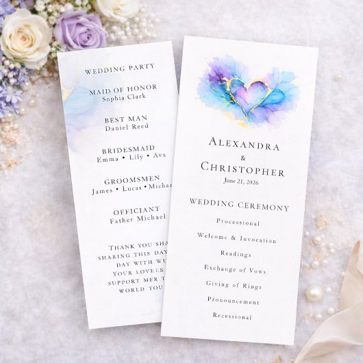 Carte Blue Purple Gold Abstract Heart Wedding Program
