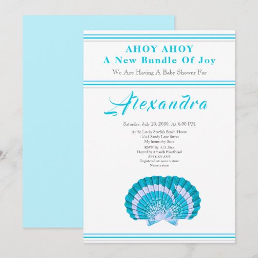 Carte Blue Scallop Shell Ahoy c'est un Baby shower garço (Devant / Derrière)