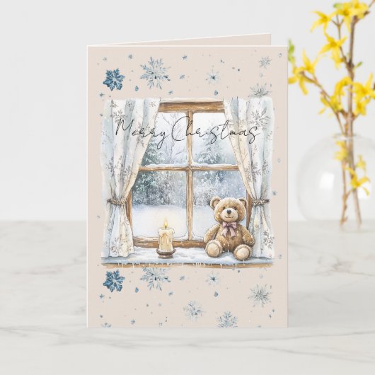 Carte Blue Silver Snowflakes Window Teddy Bear Christmas (Fleur jaune)