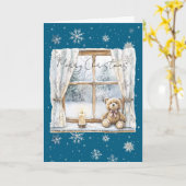 Carte Blue Silver Snowflakes Window Teddy Bear Christmas (Fleur jaune)