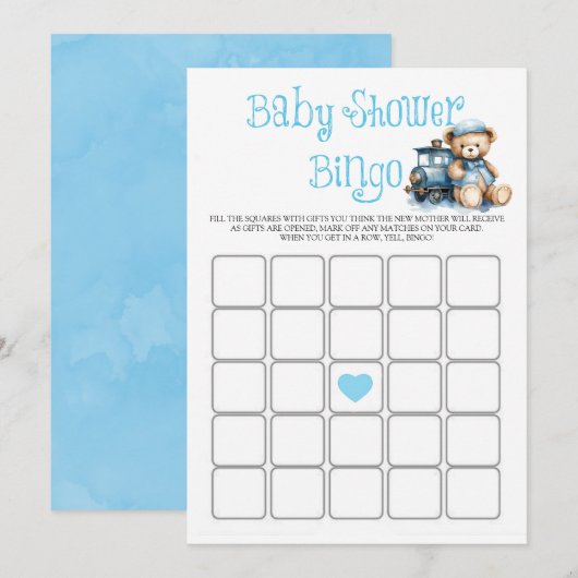 Carte Blue Teddy Bear Train Boy Baby shower Bingo Card (Devant / Derrière)