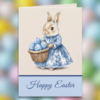 Carte Blue Toile Mother Rabbit n Basket of Easter Eggs