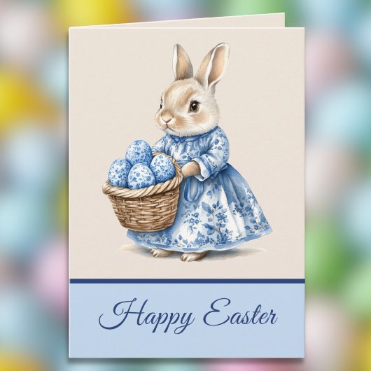 Carte Blue Toile Mother Rabbit n Basket of Easter Eggs