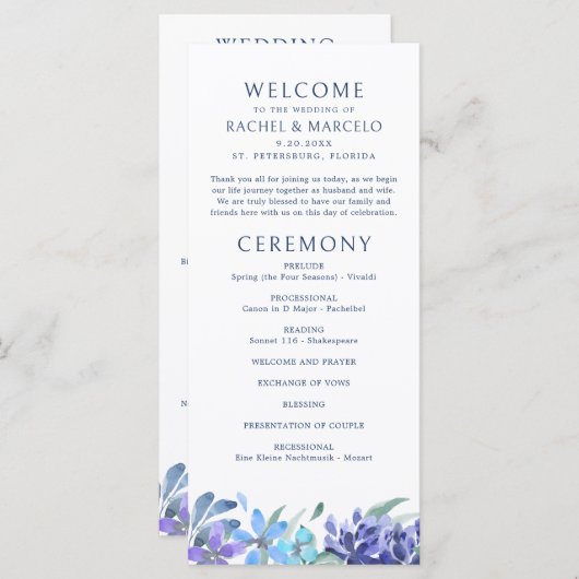 Carte Blue Tropical Floral Wedding Program (Devant / Derrière)