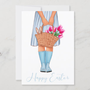 Carte Blue Tulips Fashion Girl Happy Pâques
