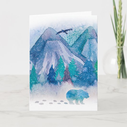 Carte Blue Watercolor Winter Mountain Landscape Art (Devant)
