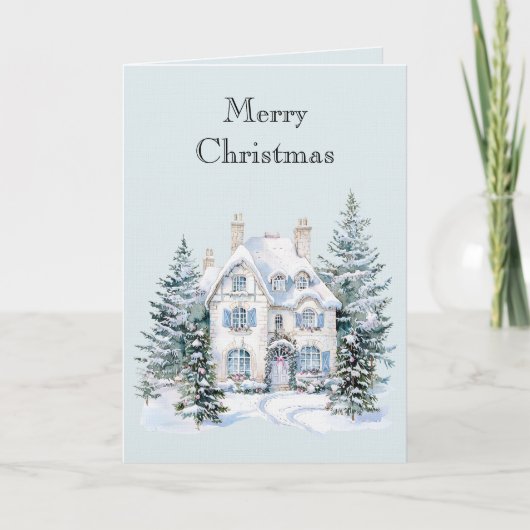 Carte Blue White Christmas Winter House Trees (Devant)