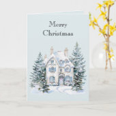 Carte Blue White Christmas Winter House Trees (Fleur jaune)