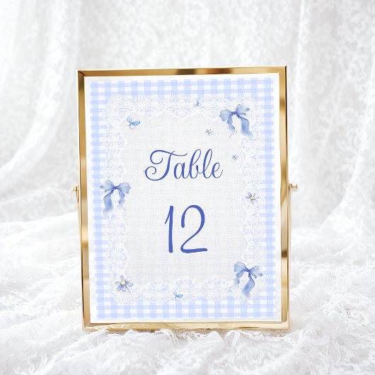 Carte Blue Wildflower Floral Bow Gingham Table Number