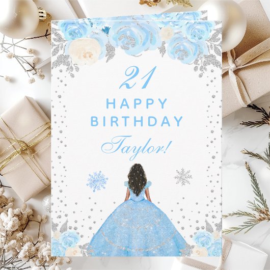 Carte Blue Winter Dark Skin Princess Anniversaire
