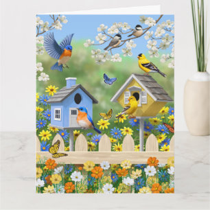 Carte Bluebirds Goldfinches Birdhouses Jardin aux fleurs