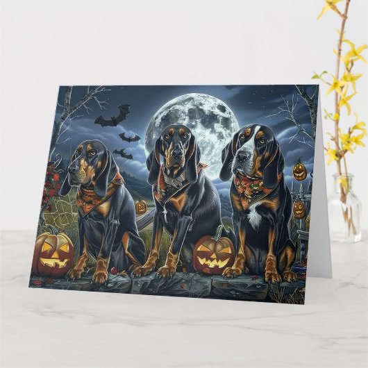 Carte Bluetick Coonhound Halloween Éffrayant (Fleur jaune)