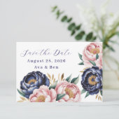 Carte Blush et Navy Blue Peony Mariage Enregistrer la da (Debout devant)