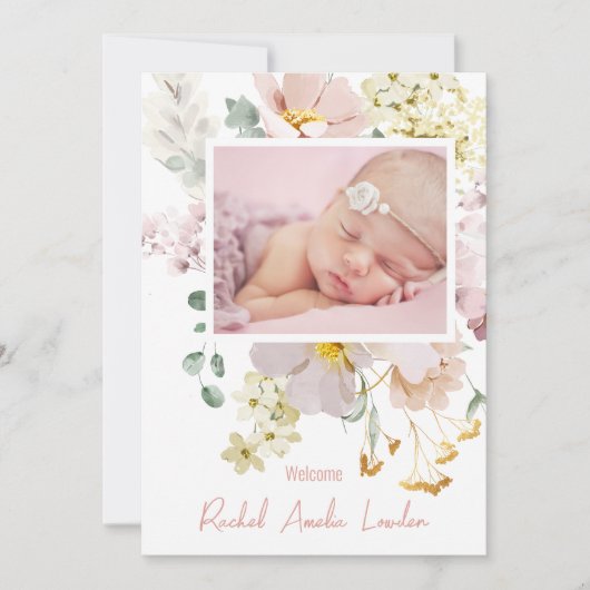Carte Blush Floral Photo Faire-part de naissance (Devant)